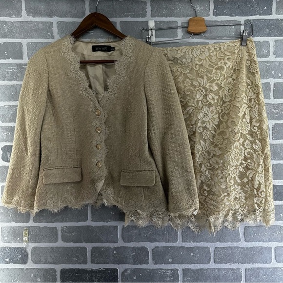 Rickie Freeman for Teri Jon Beige tweed and lace Skirt Suit Size 8 - Picture 1 of 12